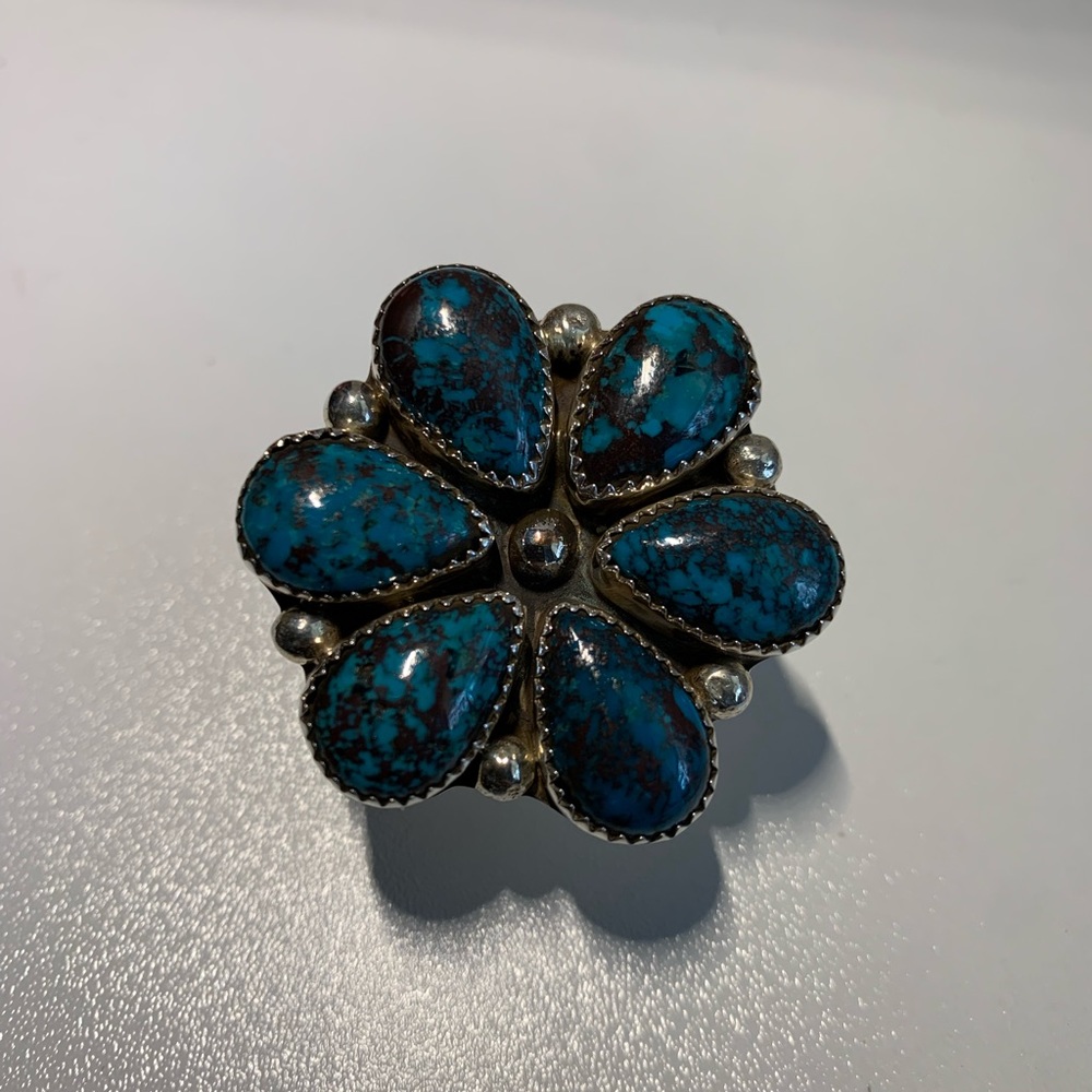 M & S Sterling Silver 925 Turquise Cluster Flower Ring Size 7-7 1/2